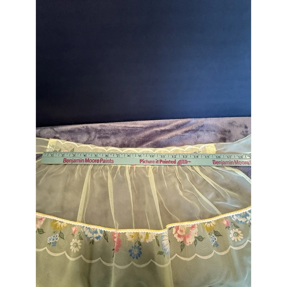 Vintage 50s Half‎ Apron Sheer Yellow Floral Embossed Organza Retro MCM 3 Pockets